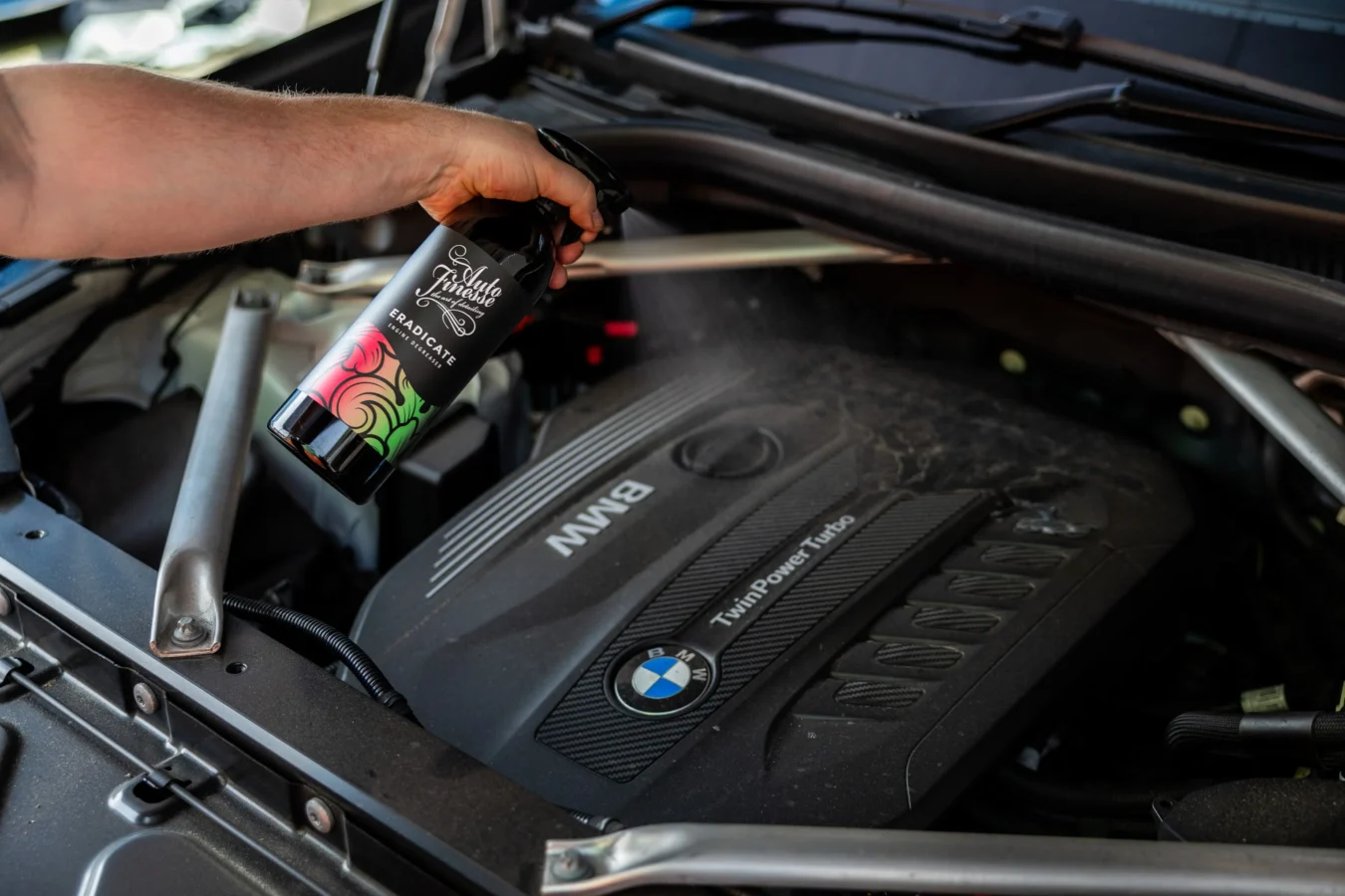 Applying cleaner to BMW engine bay